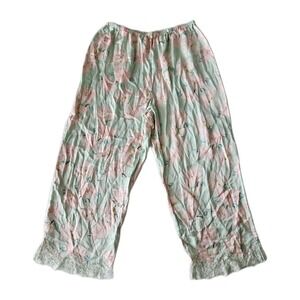 Silk Floral Lace Mint Green + Pink Pajama Chic Luxurious Cropped Pants S